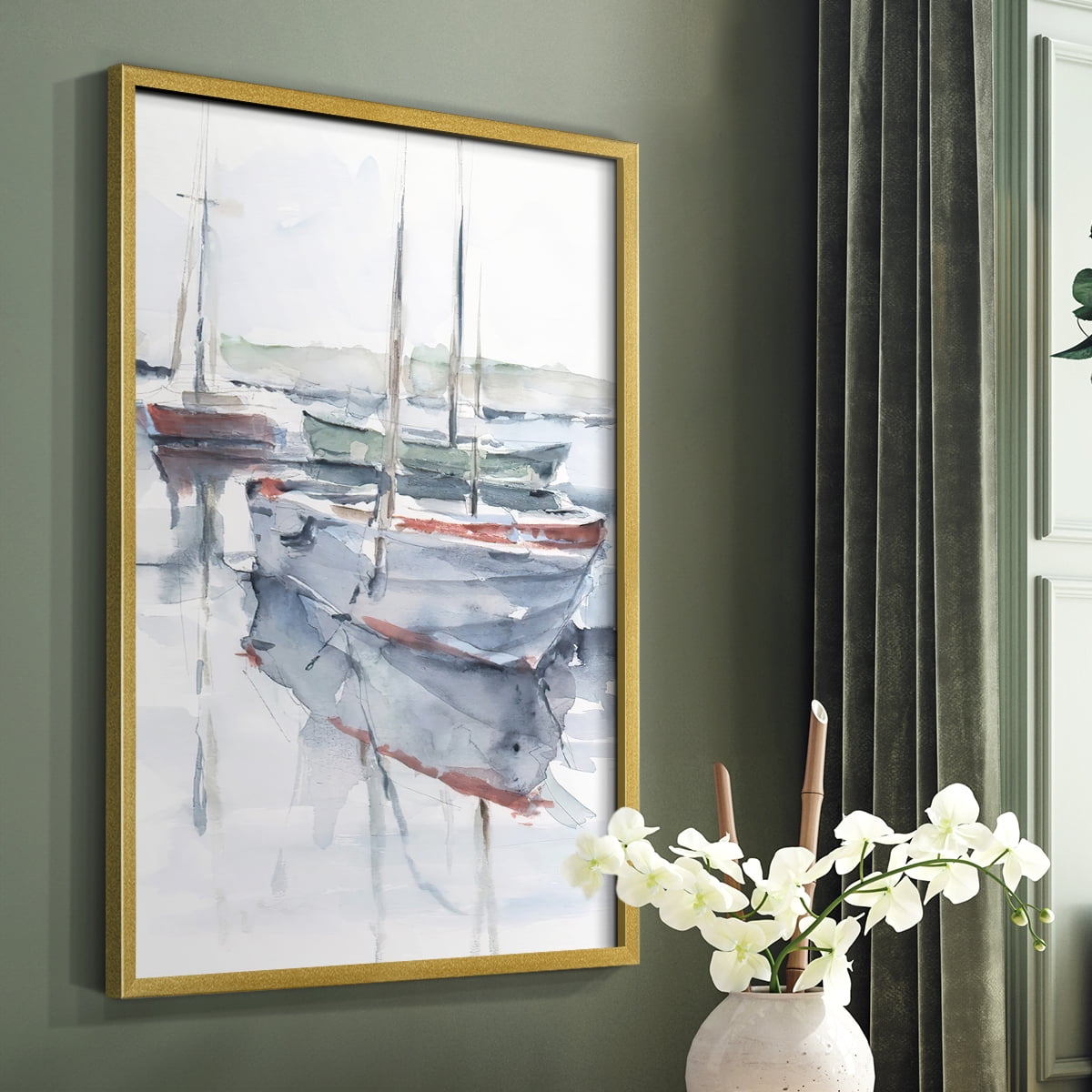 Watercolor Harbor Study I Framed Print in Gold Solid Wood 8 x 10 Framed Print