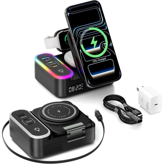 65W 8-in-1 Foldable Wireless Charging Station with Magnetic Stand, 30W USB-C & 15W Fast Charger, RGB Light & Clock, for Desk Nightstan Black