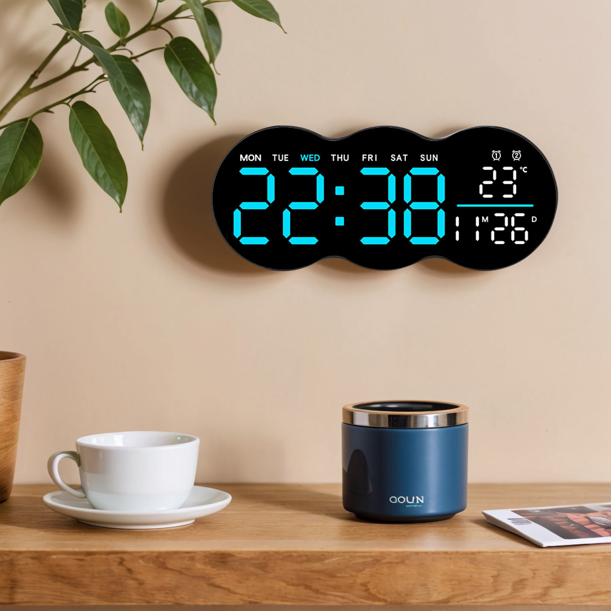Unique Bargains 1 Pc Digital Wall Clock with Large Display and Remote Control Blue