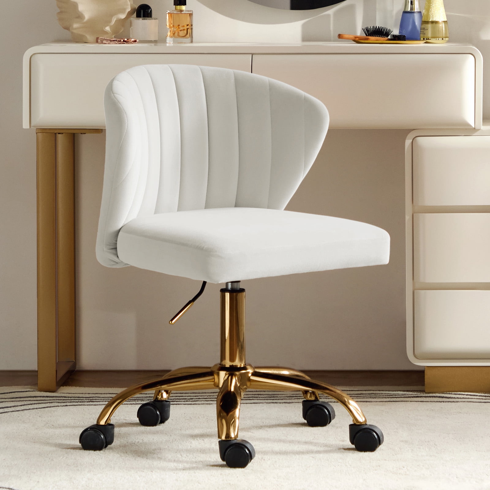 Tina's Home Swivel Vanity Chair with Gold Legs for Home Office, Adjustable Height Rolling Desk Chair for Vanity