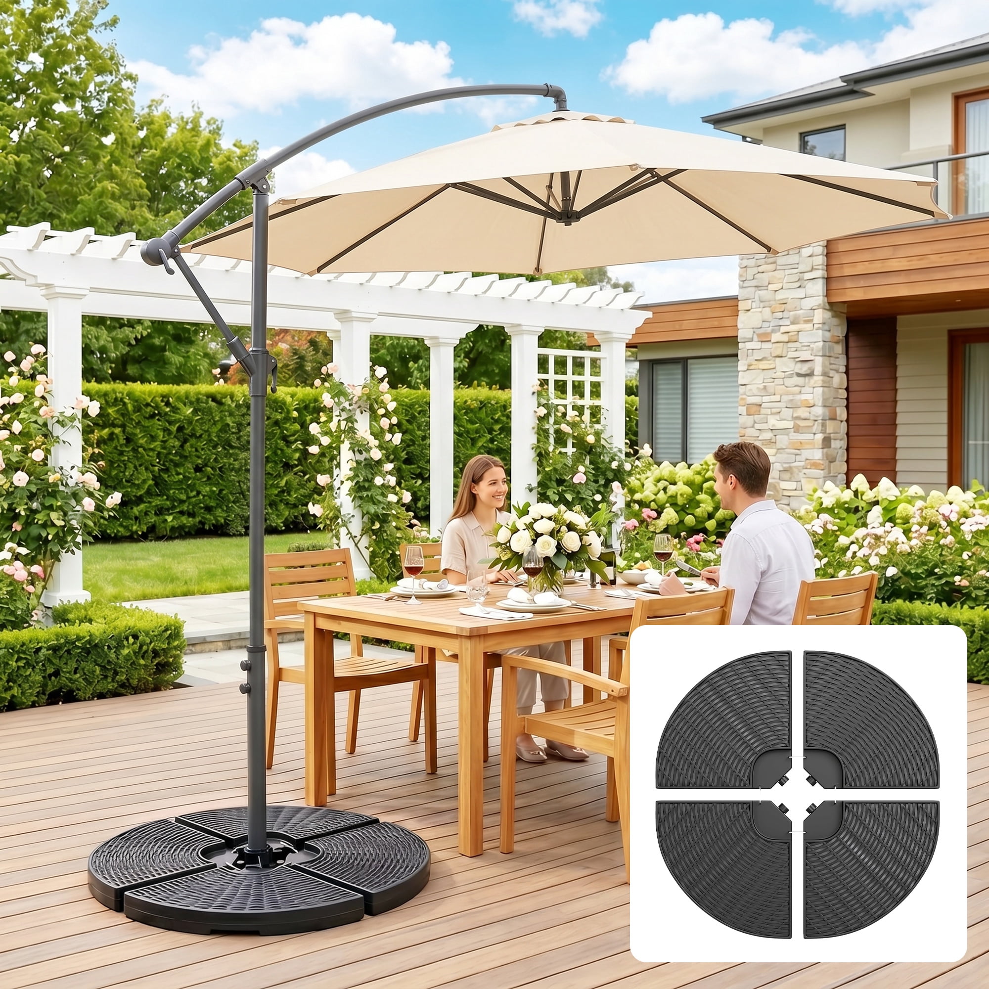 Outsunny 4-Piece 150lb Cantilever Patio Umbrella Base Weights for Offset Hanging Umbrella, Fasteners, Wicker-like HDPE Water or Sand Weights, Black