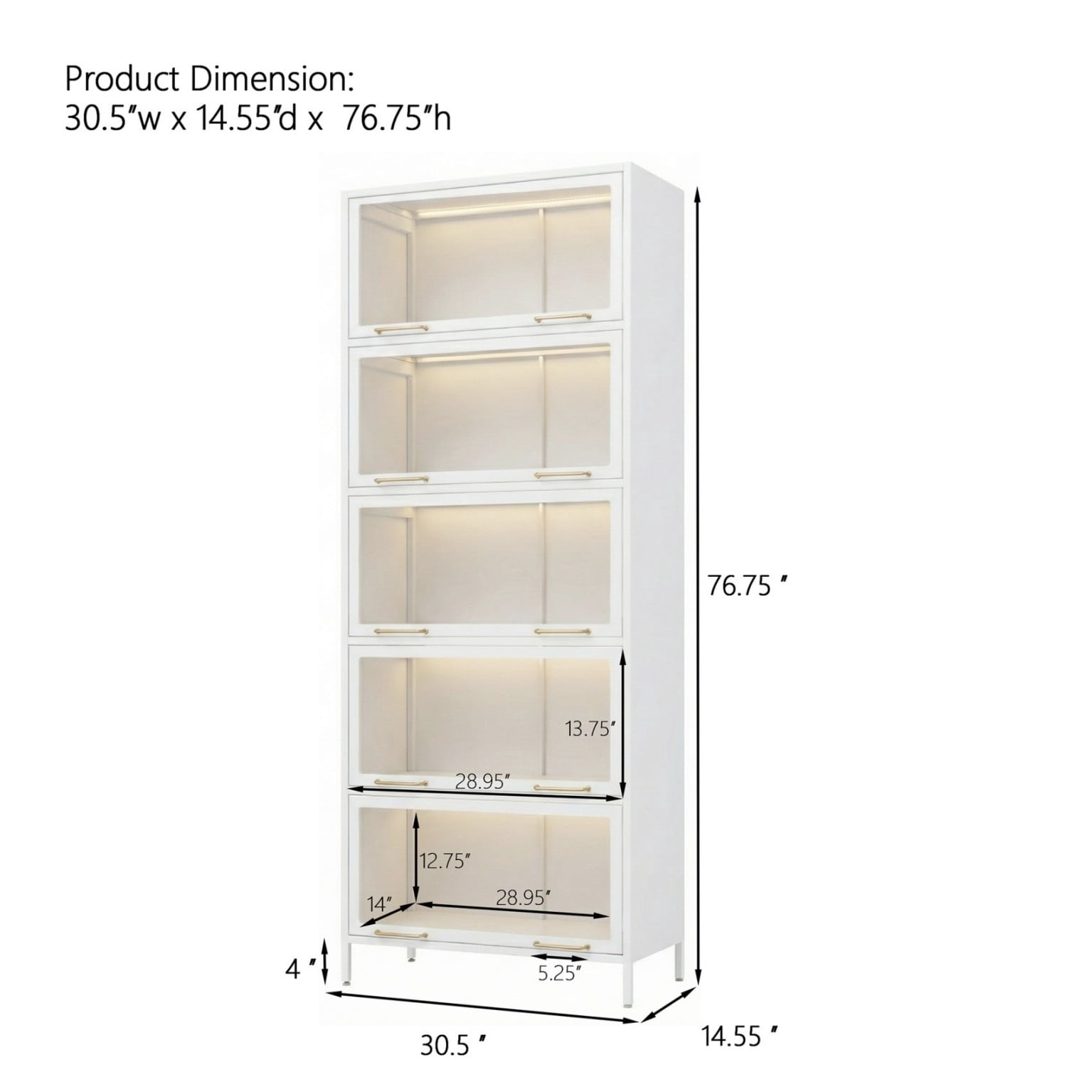76.75" Tall Glass Display Cabinet with LED Lights, 5 Tier Iron Barrister Bookcase with Glass Doors, Modern Curio Cabinet for Collectibles Books Trophies Living Room Office Study, White