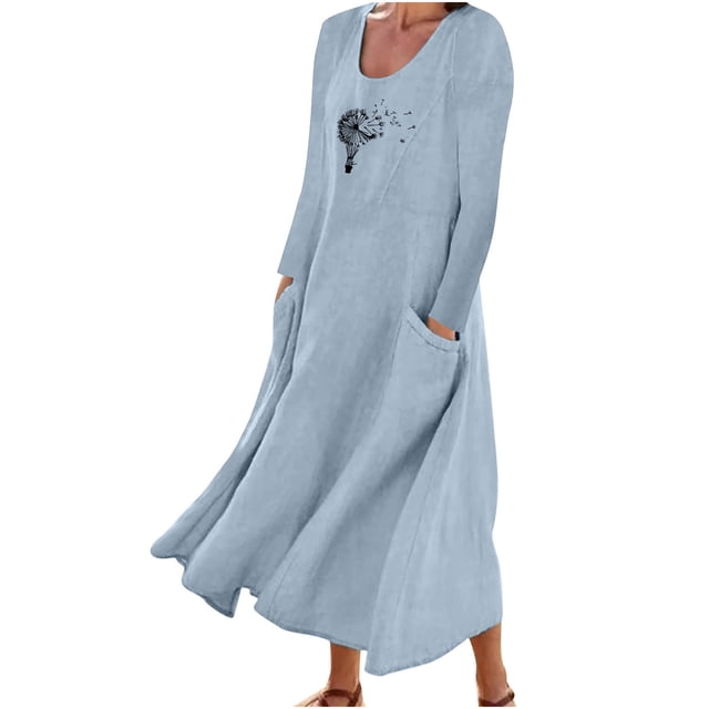 Robe en Coton et Lin pour Femmes Col Rond Imprimé Manches Longues Décontractée Ample Fluide de Vacances Longue avec Poches