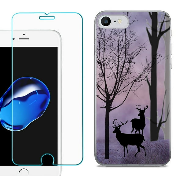 For Apple iPhone SE 2020 Case, Slim-Fit TPU Phone Case, with Tempered Glass Screen Protector, by OneToughShield ® - Forest/Deer/Twilight