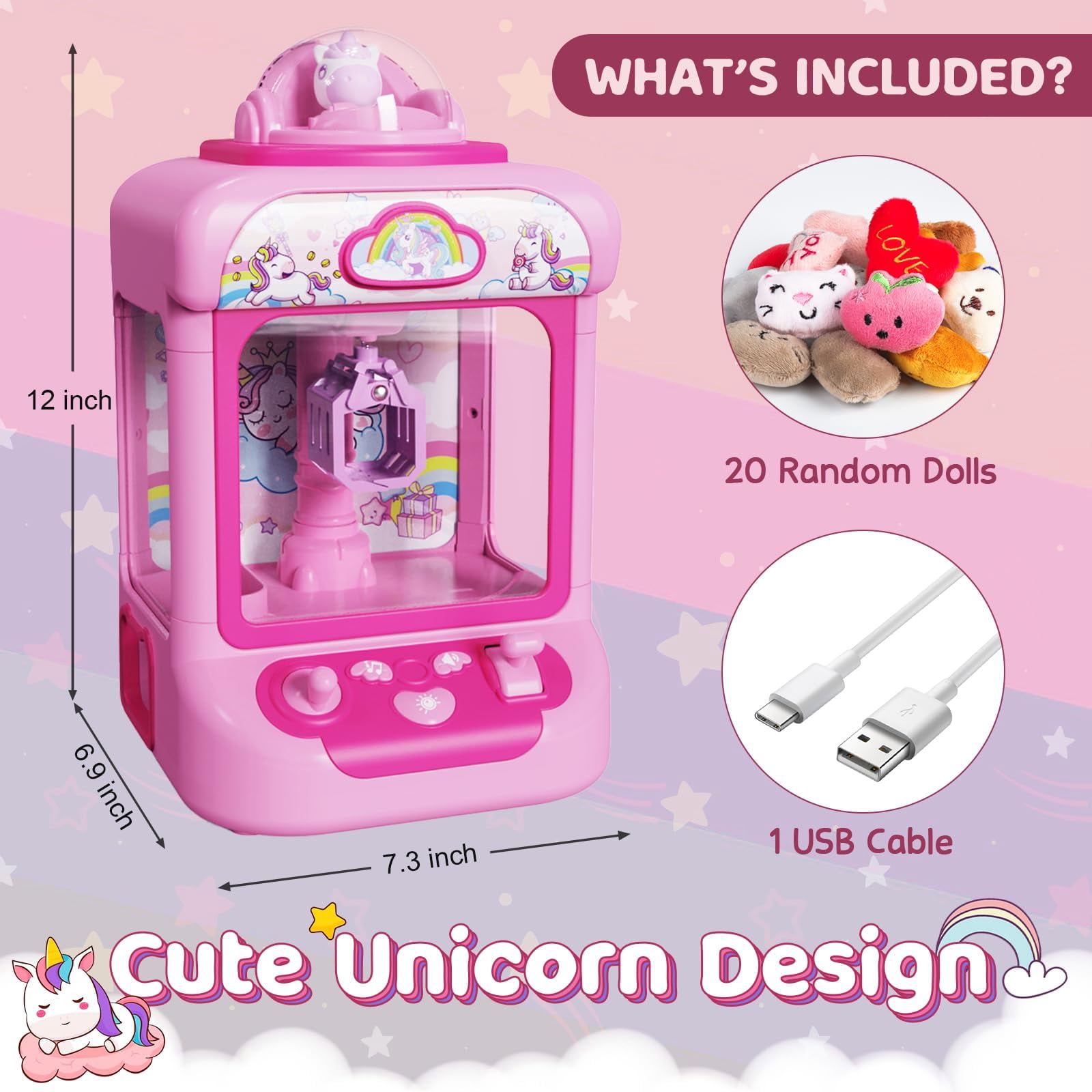 ToyM Claw Machine for Kids, Mini Vending Machine Girls Unicorn Toys, Candy Grabber Prize Dispenser with Sound & 20 Mini Plush Toys, Electronic Arcade Game Indoor Toy for Home Party Birthday Gifts