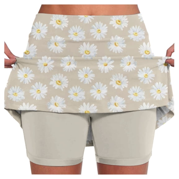 FASHOFT Tennis Skirt For Women Floral Printed Double Layer Skort With Pockets Elastic For Fitness And Casual Sports Wear Womens Athletic Skirts Beige