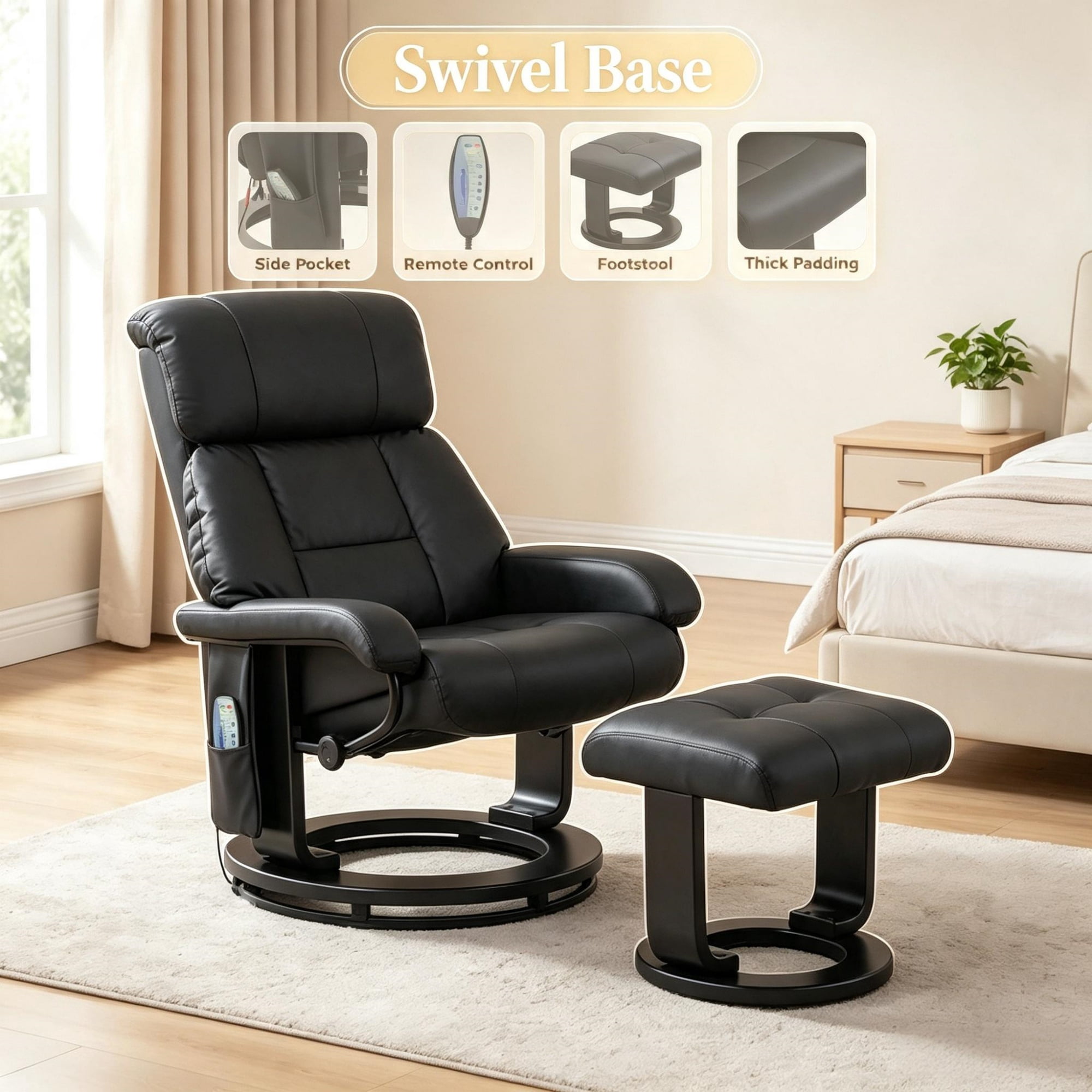 360° Swivel Massage Recliner Chair, 10-Point Vibration Footstool for Living Room, Black
