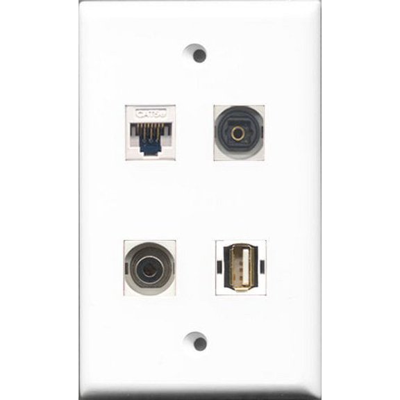 RiteAV 1 Port USB A-A and 1 Port Toslink and 1 Port 3.5mm and 1 Port Cat5e Ethernet White Wall Plate