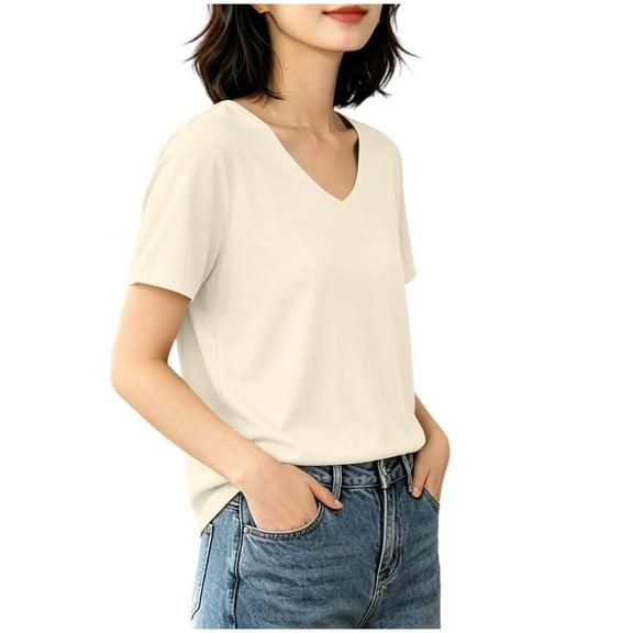 Vivianyo HD Women's V-Neck Short Sleeve Basic T Shirt, Casual Soft Loose Fit Daily Summer Tee Top, Women's Beige, Sizes S-2XL