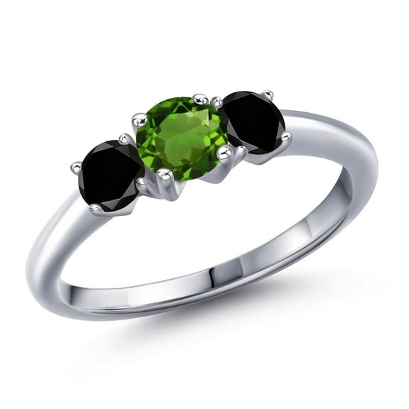 Gem Stone King 925 Sterling Silver Green Chrome Diopside and Black Diamond Engagement Ring for Women | 1.04 Cttw | Round 5MM | Gemstone Birthstone | Size 7