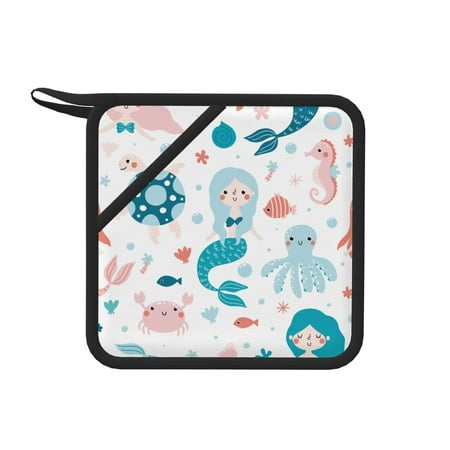 

1 Pc Silicone Anti-Hot Hot Pads Oven Mitts Heat Resistant Pot Holders With Pockets Non Slip Oven Glove Potholder For Kitchen Cooking Bbq Baking 7.1in Cute Mermaids Marine Turtle Hawaiian Fish