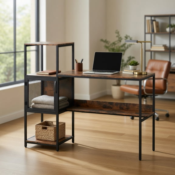 Resenkos Home Office Computer Desk with Built-In Bookshelf and Storage Cabinet - Rustic Brown/Black