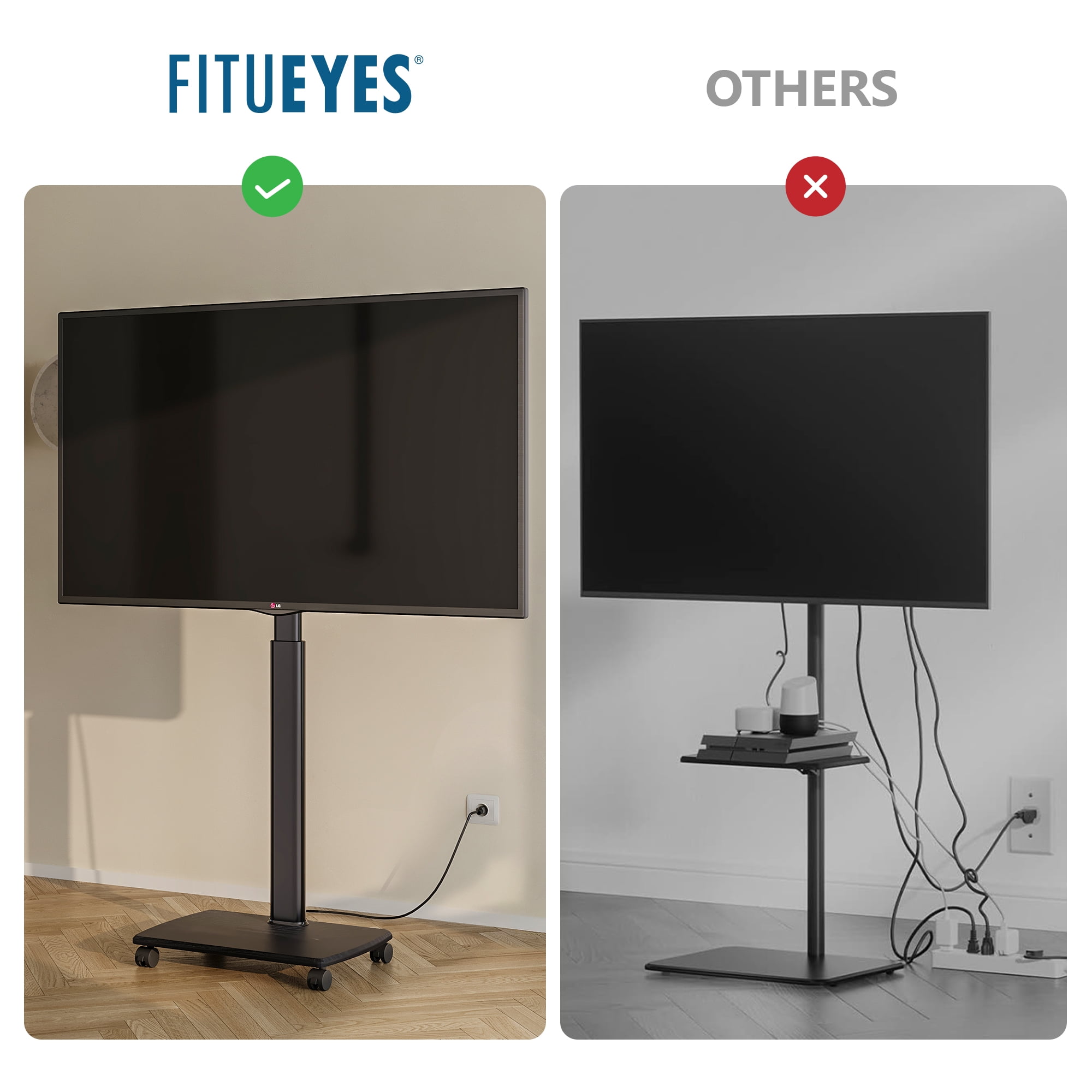 FITUEYES Modern Rolling TV Stand with Wheels and Power Outlets for 32-65 inch Screens, Black