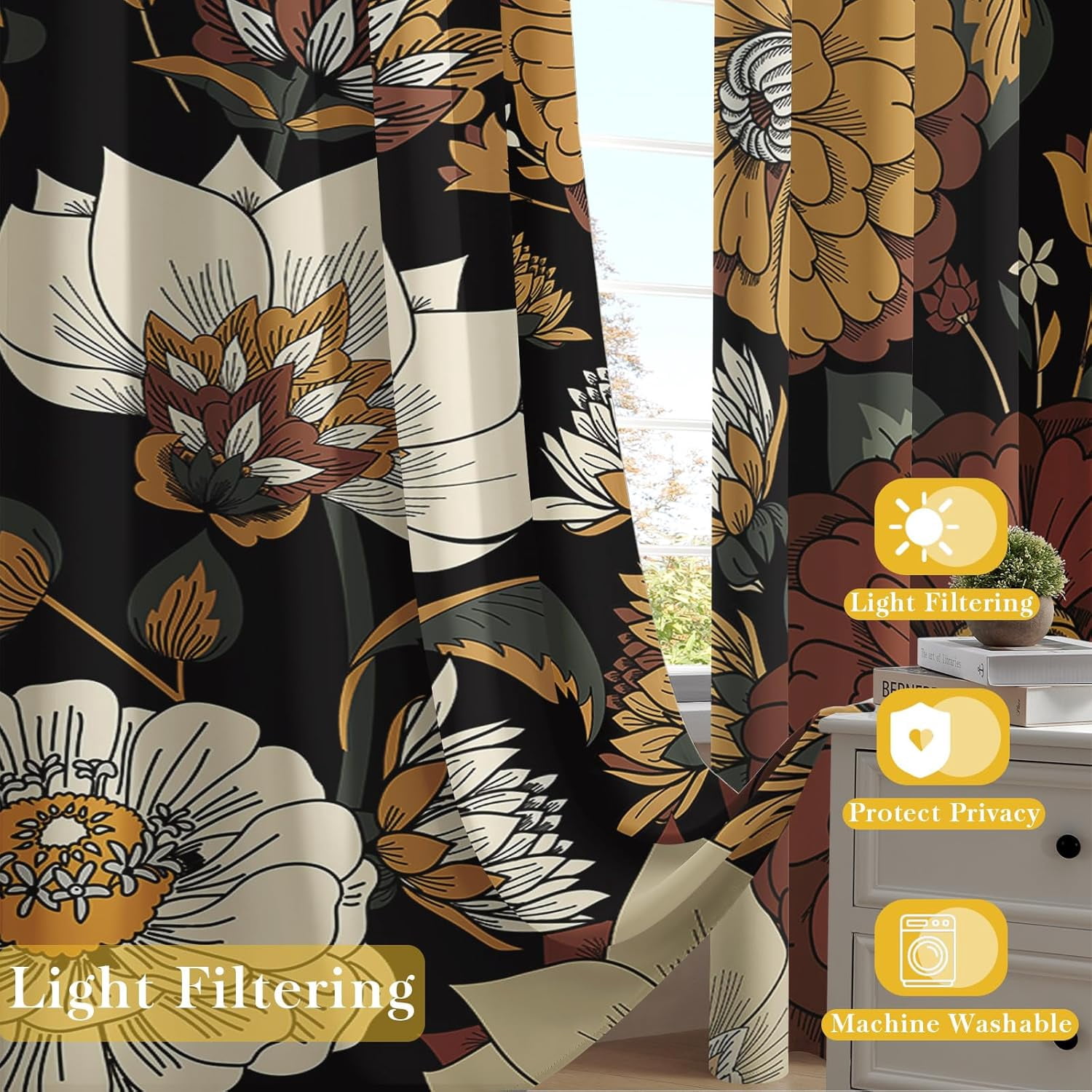 Boho Flower Blackout Curtains for Bedroom Windows, Plant Leaves Print Curtains for Living Room, Black Bohemian Dining Room Curtain Draperies 2 Panel Sets, 52" X 84"