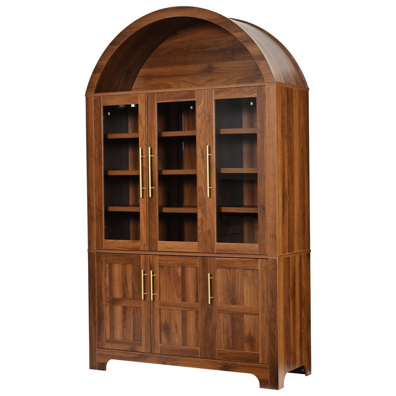 Arched Kitchen Pantry Cabinet with Glass Doors, Farmhouse Tall Storage Cabinet with Adjustable Shelves, Door Storage Racks & Open Display Shelves, Wooden Cupboard for Kitchen, Dining Room