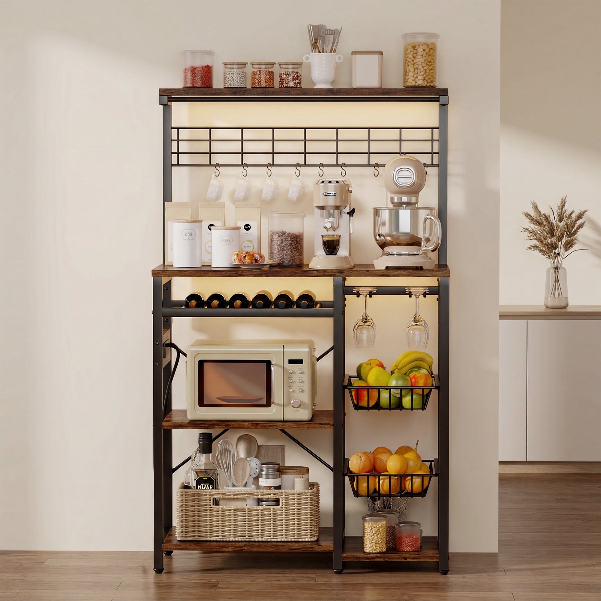 Keenstone Kitchen Bakers Rack with 3 Power Outlets, Microwave Oven Stand with 10 S-shaped Hooks ,Coffee Bar Table 5 Tiers , 2 Wire Basket, Wine Rack ,Rustic Brown