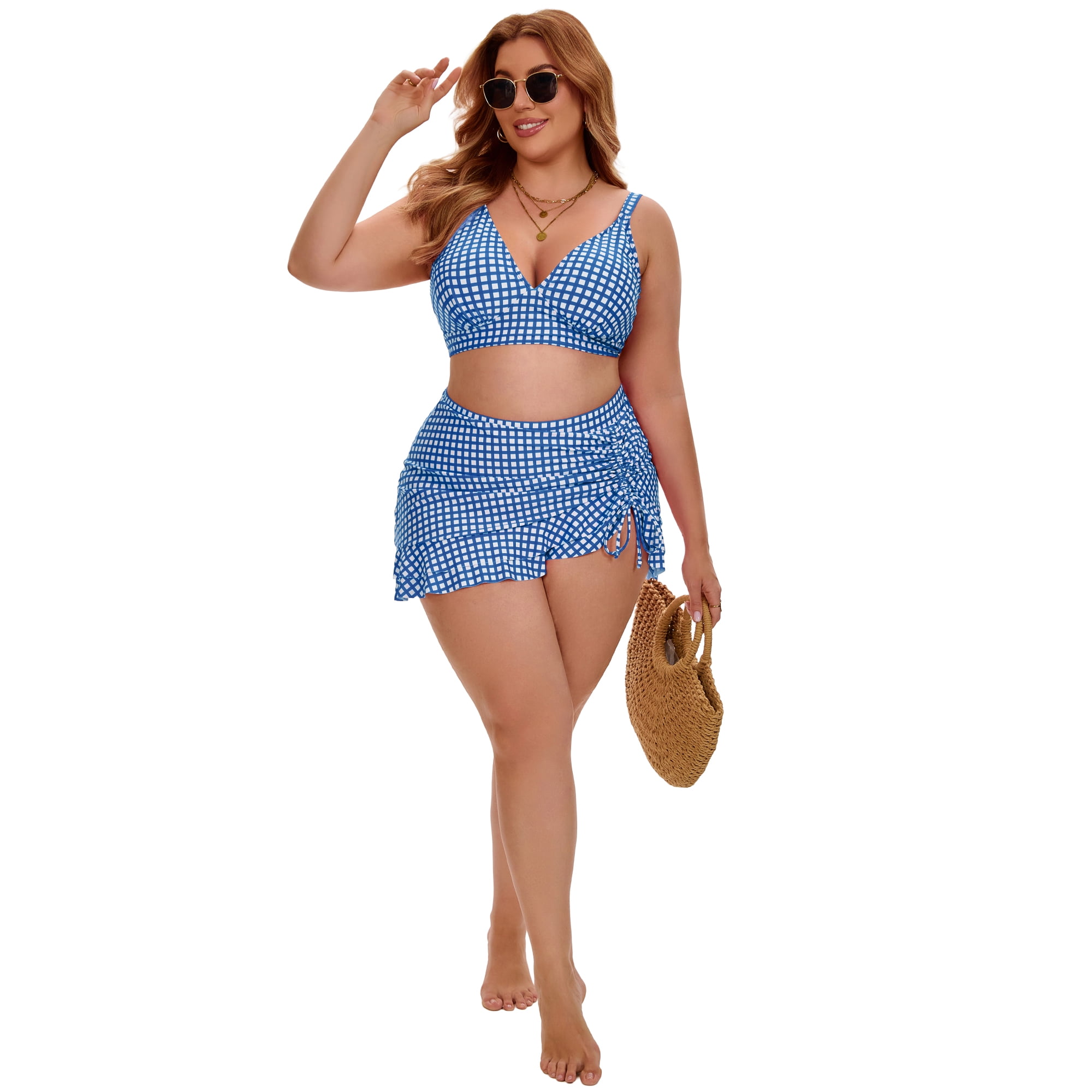 DARING DIVA Women's Plus with Retro Gingham High Waisted Bikini 3X Blue