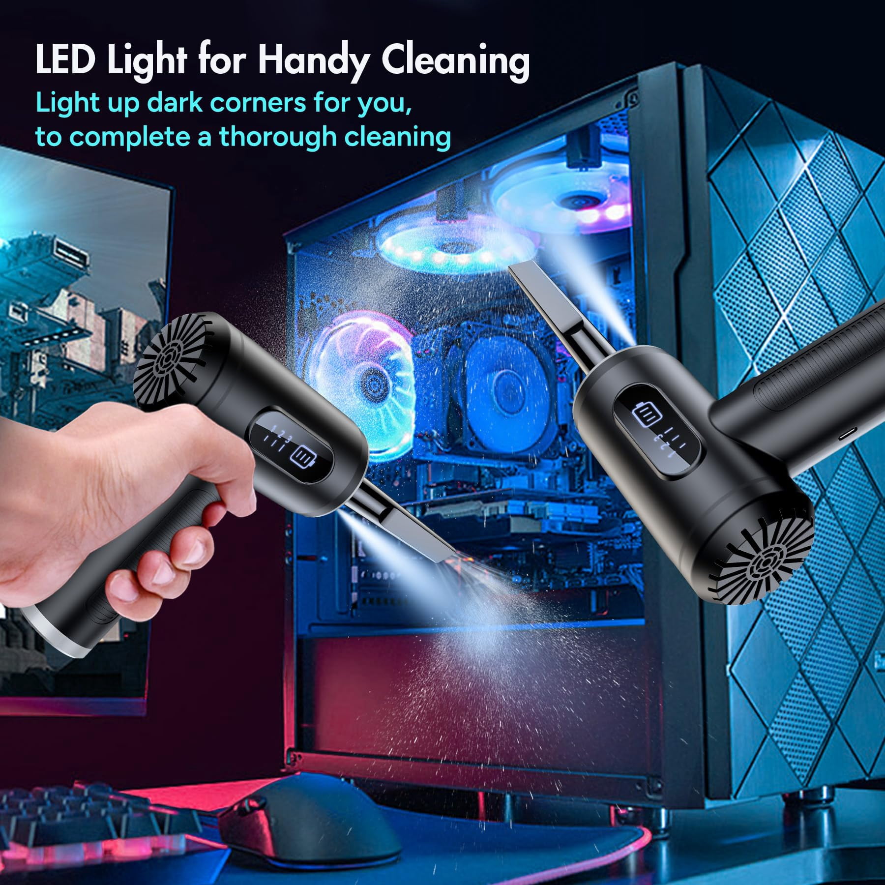 Compressed Air Duster, Mini 3-Gear Dust Blower for Office & Home Cordless Car Dusters Kit - 50000 RPM 6000mAh Rechargeable with LED Light Display