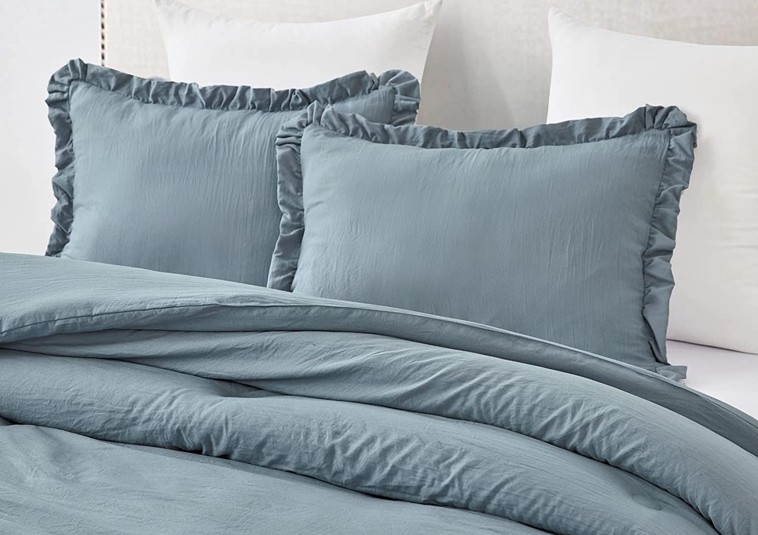 Chezmoi Collection Nora 3-Piece Dusty Blue Ruffled Edge Trim Microfiber Comforter Set, King Size