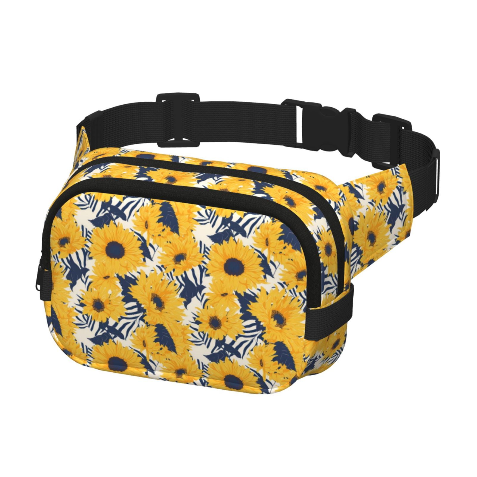 Picia Blue Striped Sunflower Print Square Double-Layer Waist Bag Mini Adjustable Waist Belt Bag Exercise Running Travel Hiking