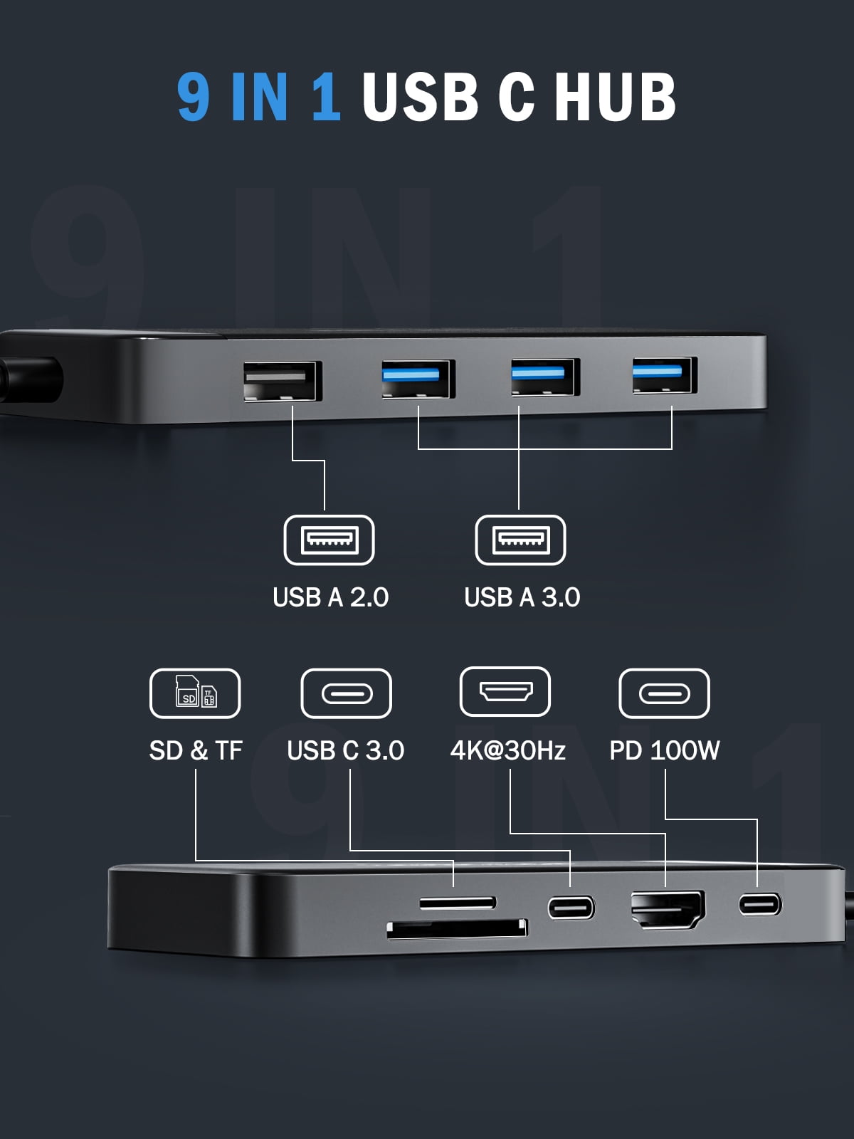 Lemorele TC92 9-in-1 Docking Station ,with 4K HDMI, 100W PD Charging, 3×USB A 3.0, Type-C Data Port, SD/TF Card Slot Adapter,USB C HUB Multi-port Dock for MacBook,Windows,iPad