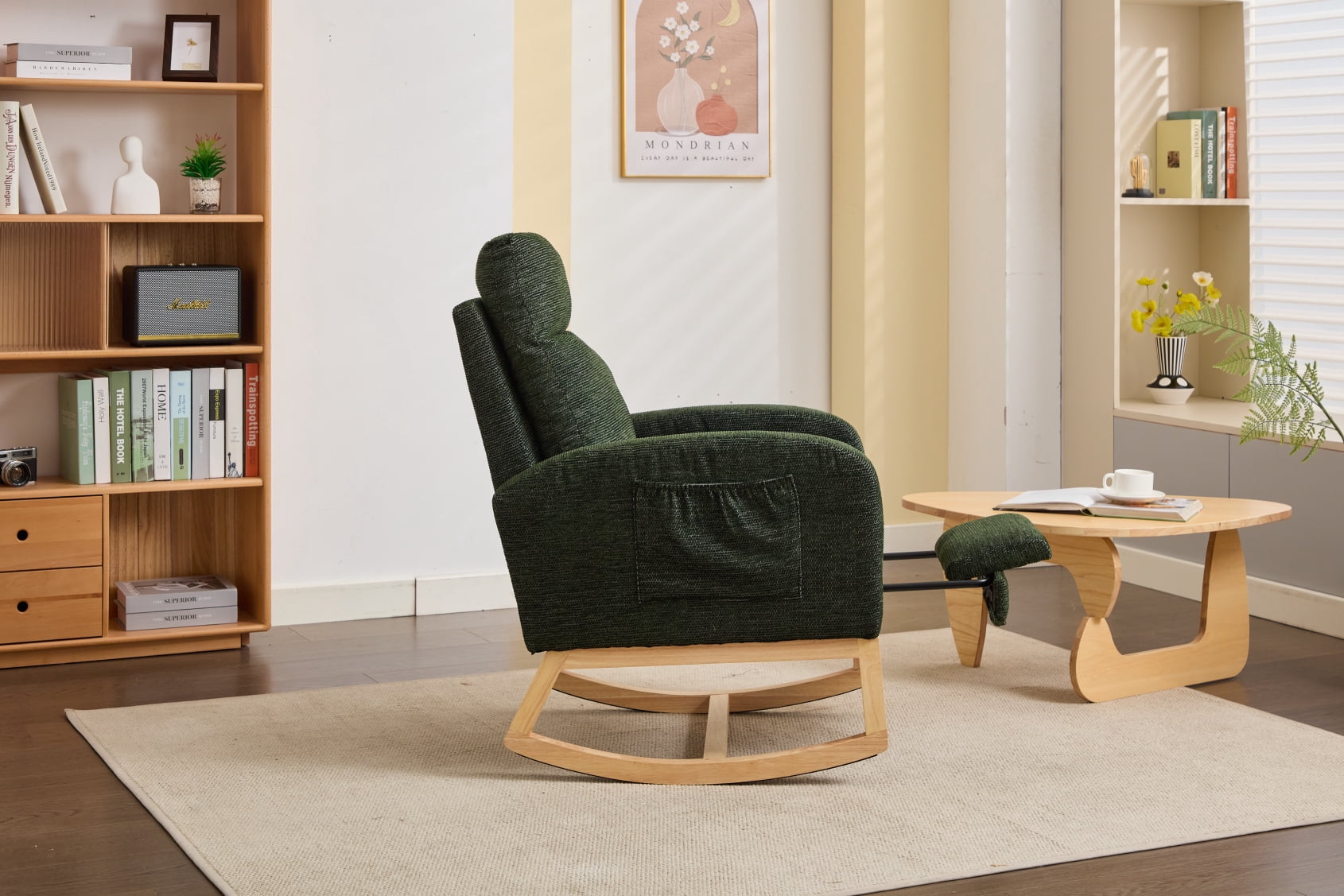 Solid Wood Legs Nursery Glider Rocking Chair with High Backrest, Upholstered Armchair Featuring Side Pocket for Baby Nursery and Living Room Comfort