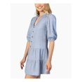 thumbnail image 3 of SPEECHLESS Womens Light Blue Pleated Ruffled Tiered Button-front Pouf Sleeve V Neck Mini Shirt Dress M, 3 of 4
