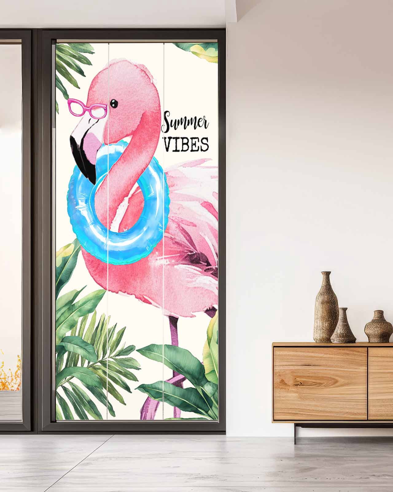 Window Privacy Film Summer Pink Flamingo Stained Glass Window Film Decorative Sun Block Window Cover Beach Tropical Palm Leaves Window Clings Static Adhesive Sticker for Bathroom 35.4"x78.7"