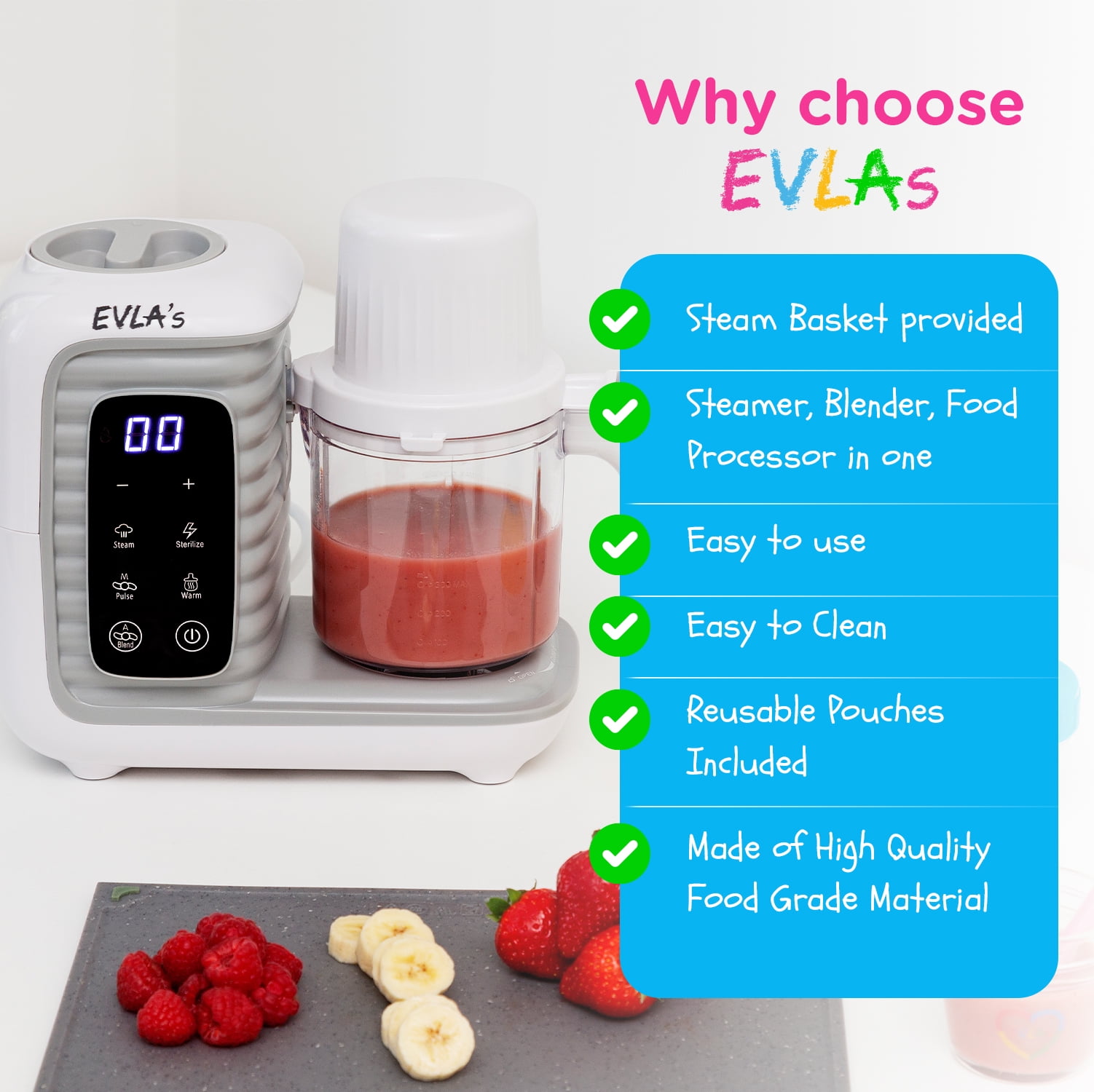 EVLA'S Baby Food Maker with 2 Steaming Cups, Steamer, Blender, Baby Food Processor, Touch Screen, with 6 Reusable Food Pouches, White