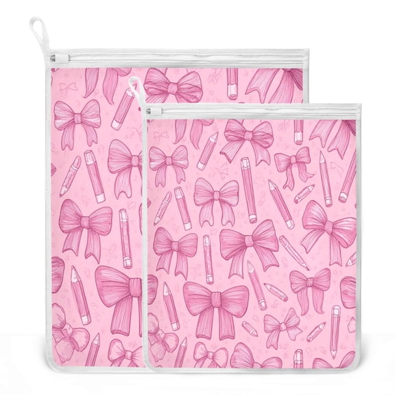 2 Pack Mesh Laundry Bags Pink Bows and Pencils Durable Polyester Wash Bags with Zipper 2 Sizes Reusable Delicates Bag for Washing Machine Travel Storage