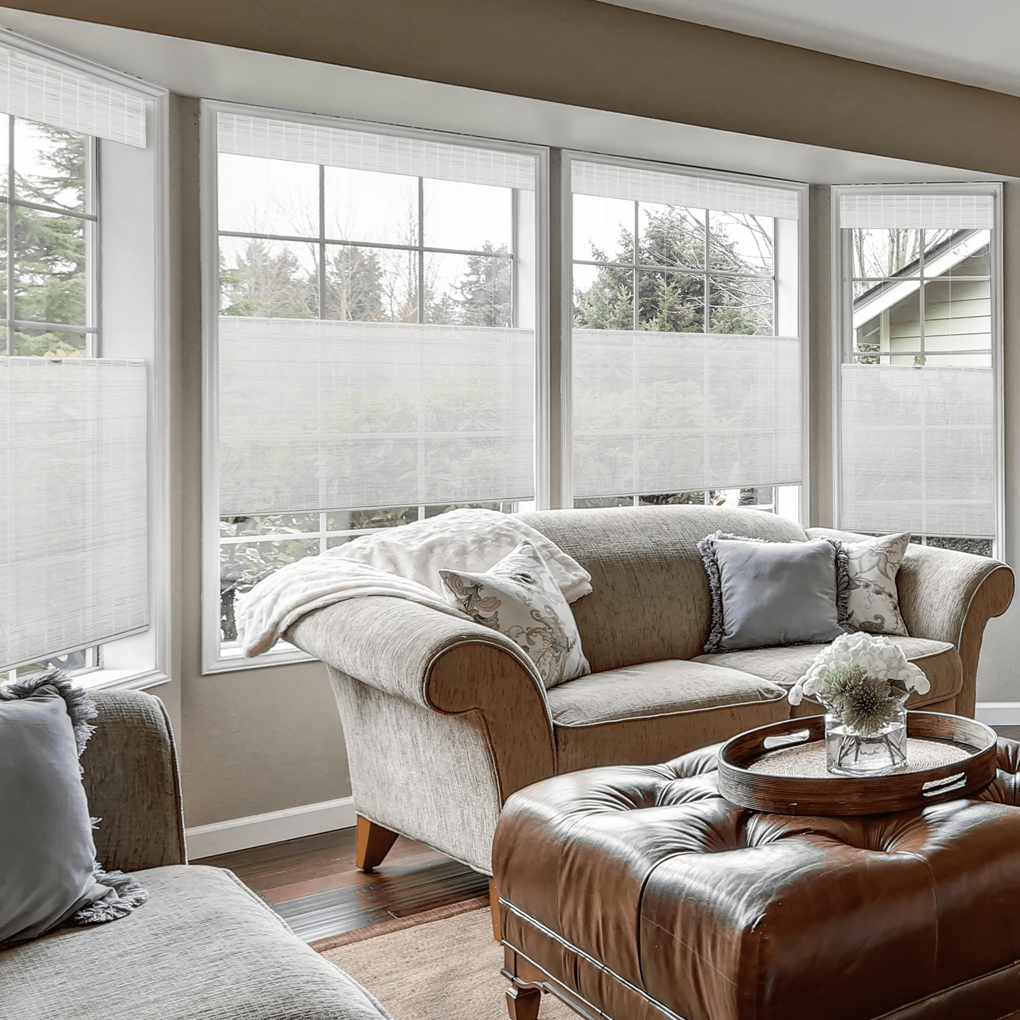Natural Woven Top Down Bottom Up Cordless Bamboo Roman Shades for Windows, 29 in. W x 36 in. L, Snow