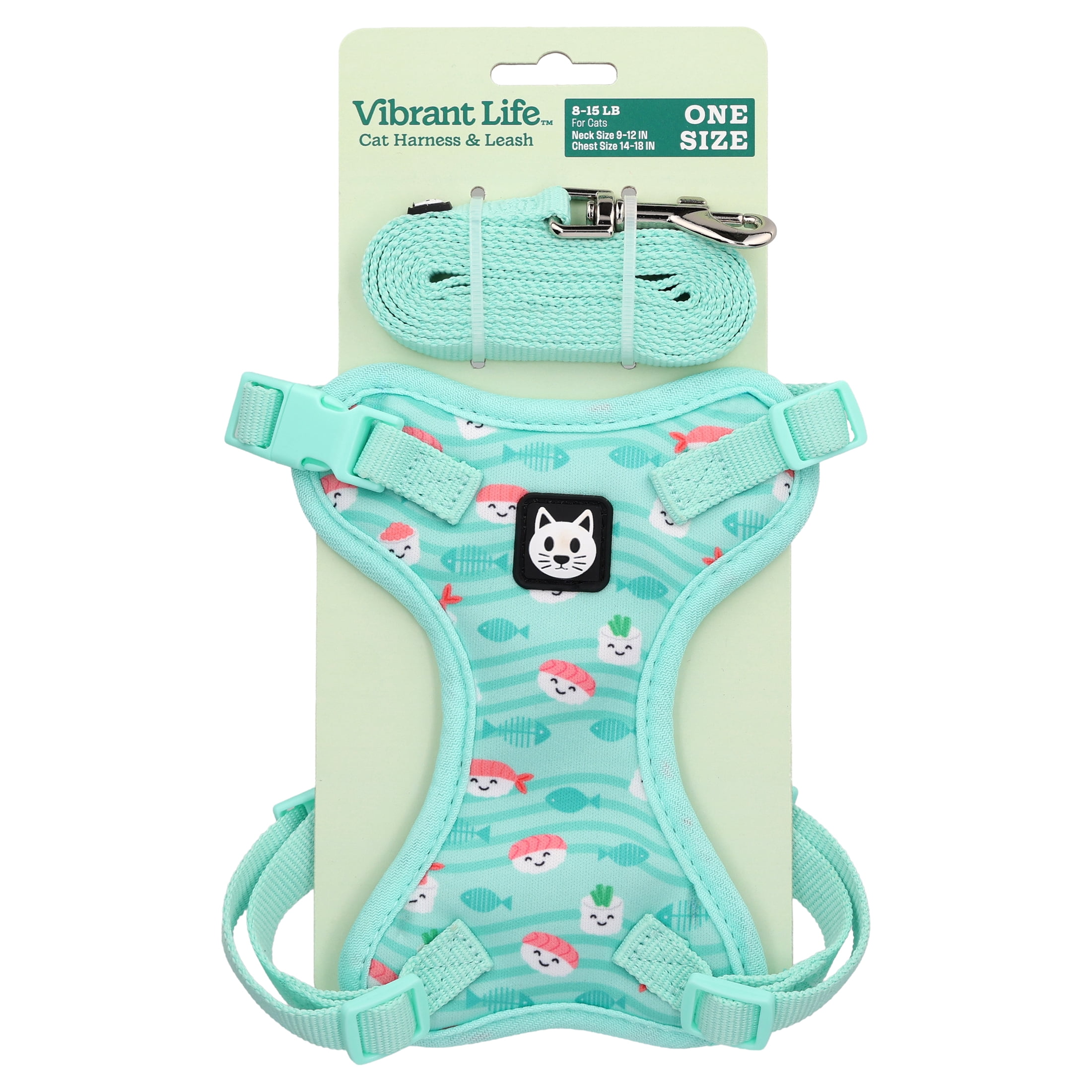 Vibrant Life Adjustable Cat Harness and Leash, Multicolor Sushi, One Size