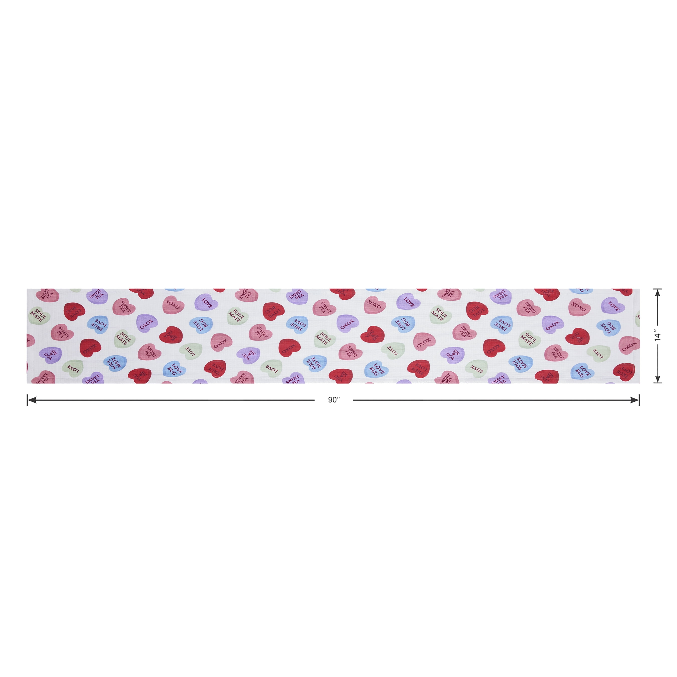 Conversation Hearts Table Runner - 14" x 90" - 100% Cotton, Multi-color