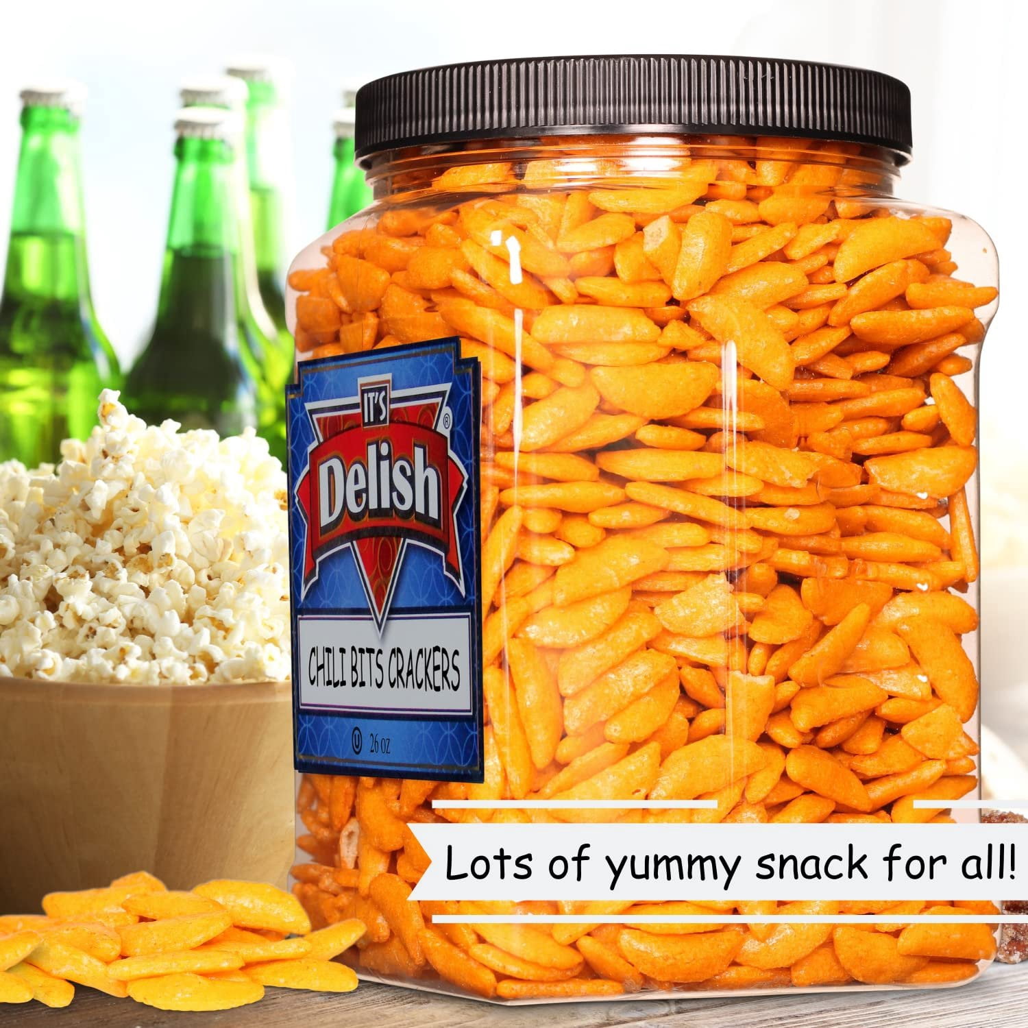 Oriental Chili Bits Rice Crackers  by Its Delish, 26 OZ Jumbo Container  Crunchy and Spicy Asian Crescent Cracker Snack Bites - Awesome for Snacks and Salad Topping  Vegan & Kosher