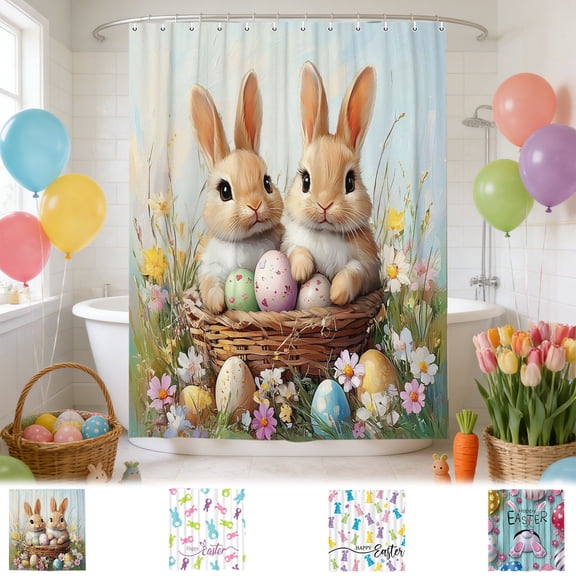 FastXmas Easter Cute Bunny Shower Curtain for Bathroom, Spring Curtain with Florals Colorful Easter Eggs Lovely Rabbit Pattern Decoration with 12 Hooks for Bathroom (Polyester Fabric, 71 * 47 In)