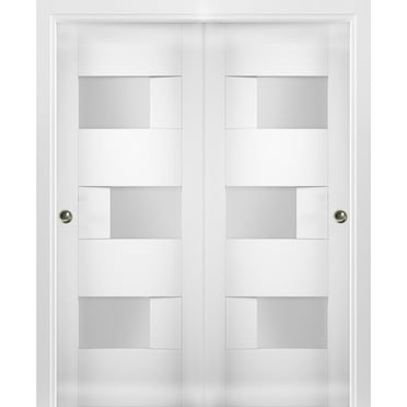 Sliding Closet Opaque Glass Bypass Doors / Sete 6933 White Silk / Rails Hardware Set / Wood Solid Bedroom Wardrobe Doors