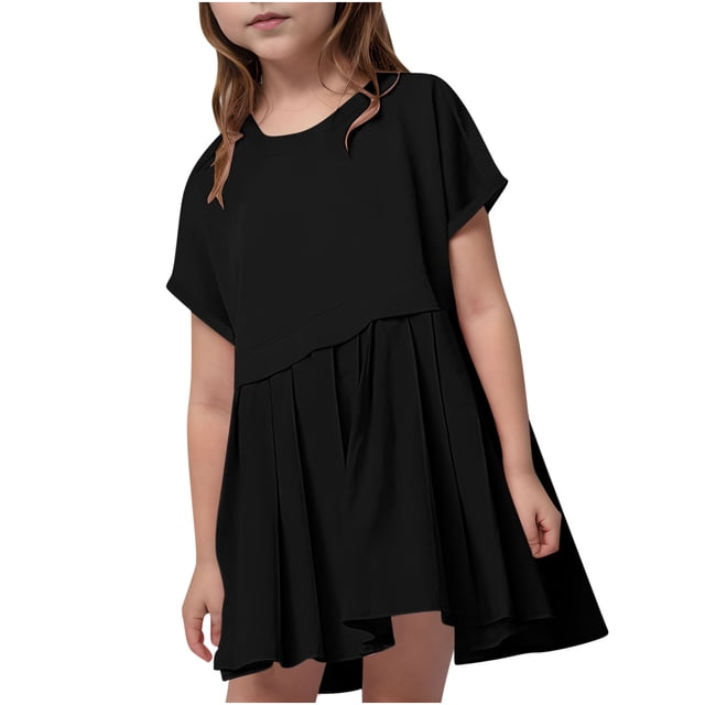 Odeerbi 5-14 Años Niñas Verano Patchwork Plisado Vestido Línea A Playa Boho Mini Sudadera Vestido Niños Color Sólido Manga Corta Vestido Tenis