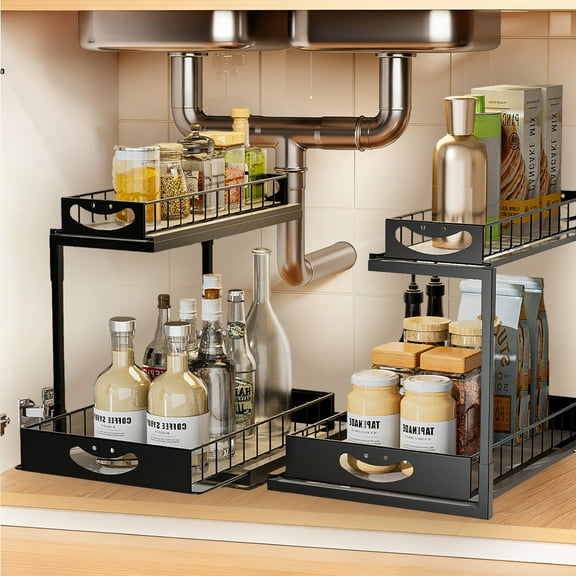 XMZHOU 2 Tiers Kitchen Pull Out Counter Sliding Drawer Shelf, Bathroom Under Sink Organizer, Sturdy And Solid Cabinet Storage For Kitchen Bathroom Home, Black