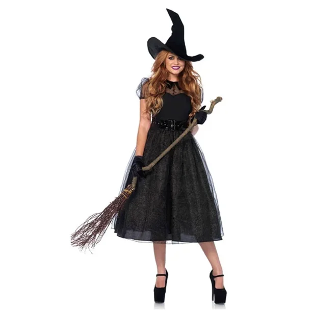 Disfraz de bruja negra gótica de Halloween para mujer adulta, vestido elegante de fiesta de magos, Purim Cos