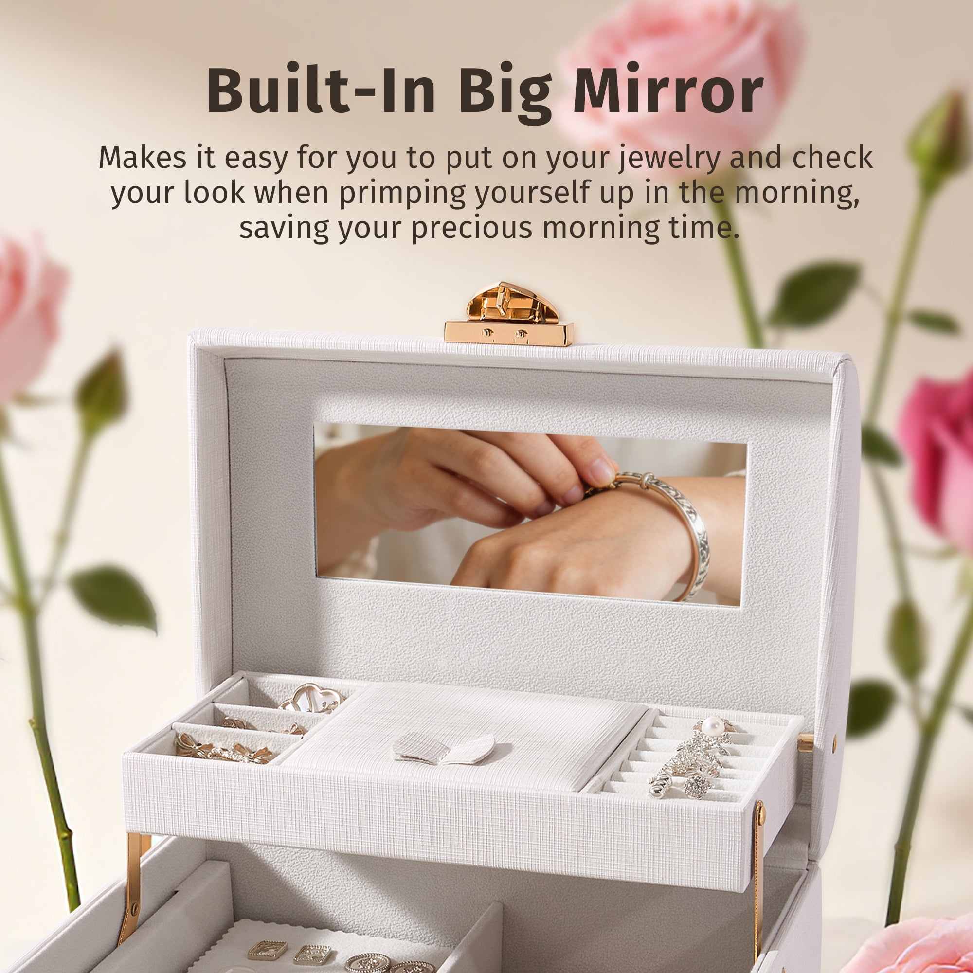 Casegrace Heart Shaped Lock Jewelry Box With Sync Open/Close Drawer, Multi-Layer Storage Case, Built-in Mirror, Portable Jewelry Organizer for Women Rings, Earrings, Necklaces, Valentine’s Day Gift