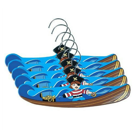 Kidorable Pirate Ship Fun Brown/Blue Hand Crafted Wooden Hangers for Boys, Set of 5, 12 Inches