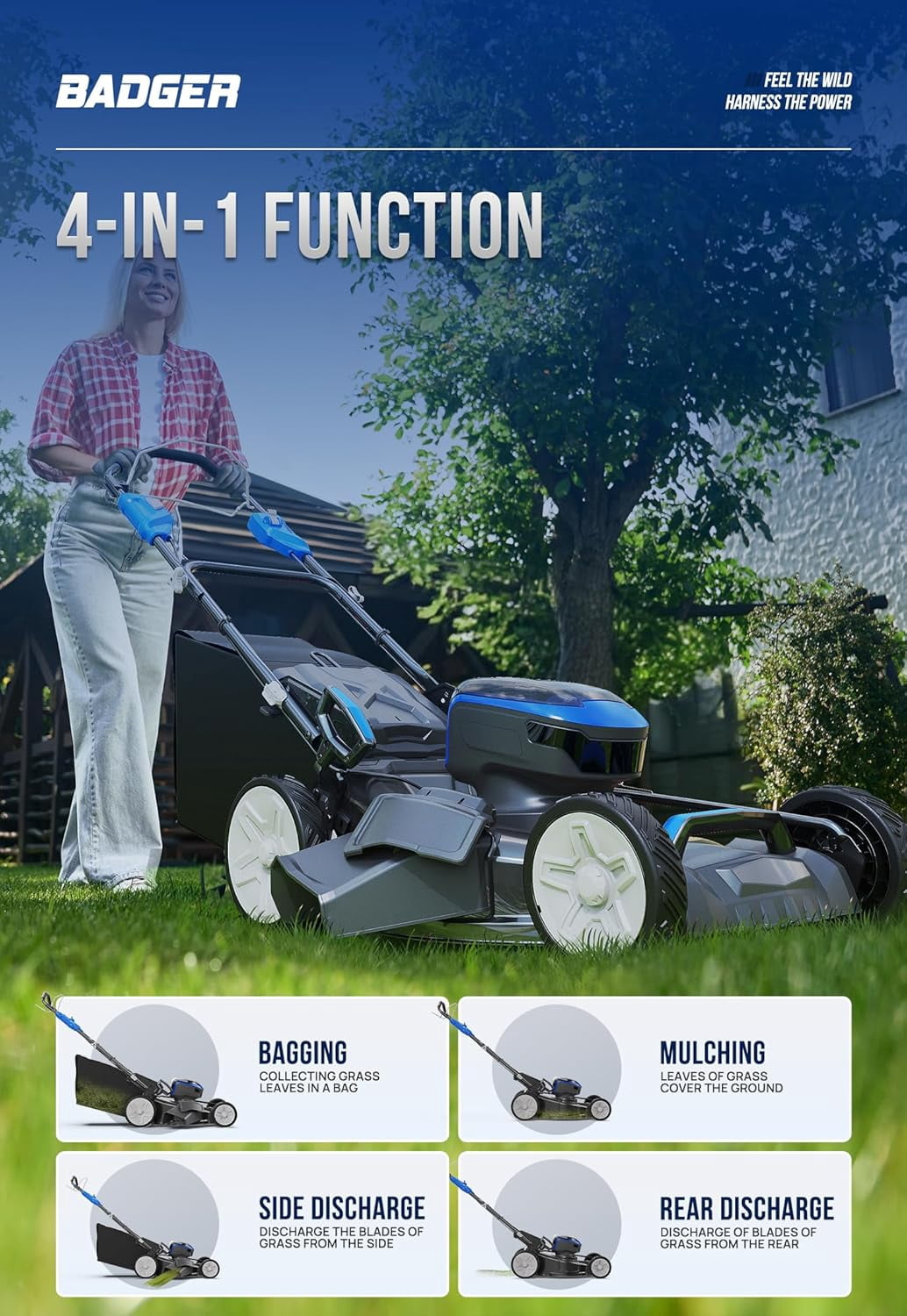 Wild Badger Power 40V 21″ Cordless Lawn Mower Brushless, 3,200 sq ft/0.073 ac, 2×4.0Ah Batteries & Fast Charger, 7-Position Heights,for Medium-to-Large Lawns
