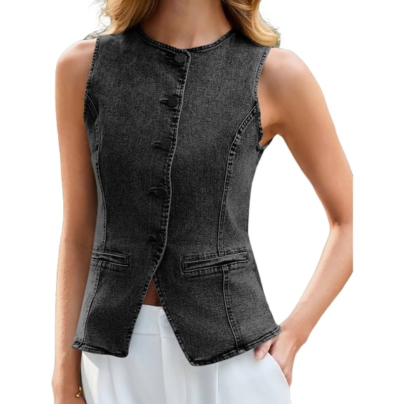 Sleeveless Crew Neck Women Slim Fit Button Down Denim Vest Tops