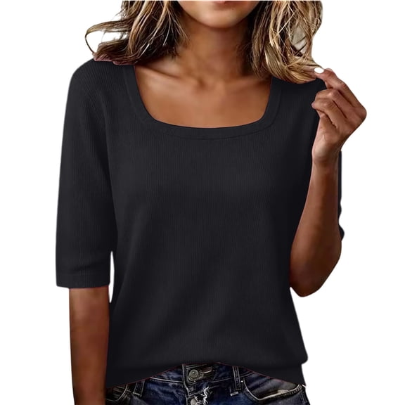 Migroa Scoop Neck Elbow Length Half Sleeve Tops for Women 1/2 Sleeve T-Shirt Casual Summer Loose Basic Tees Summer Going Out Work Cute Shirts Trendy 2026 Black L