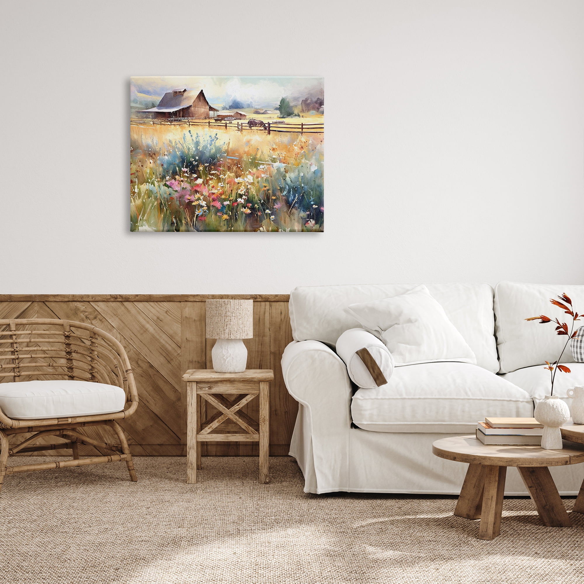Stupell Industries Horse in Farmhouse Meadow Landscape Painting Gallery Wrapped Canvas Art Print Wall Art, 40 x 30