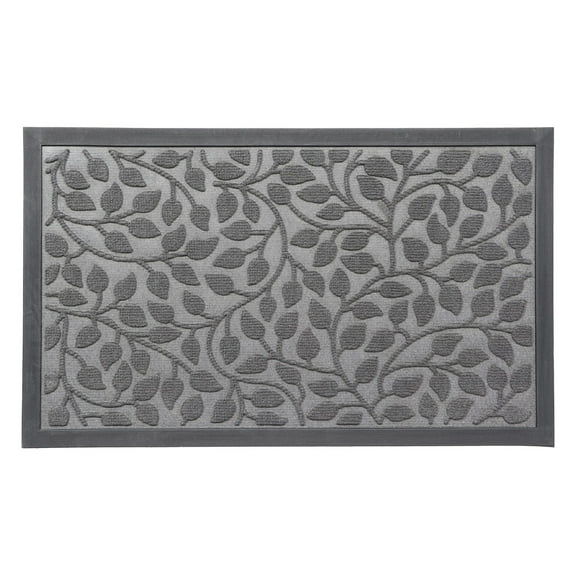 Gray Heavy-Duty Dirt-Trapping Rubber Doormat with Raised Leaf Pattern