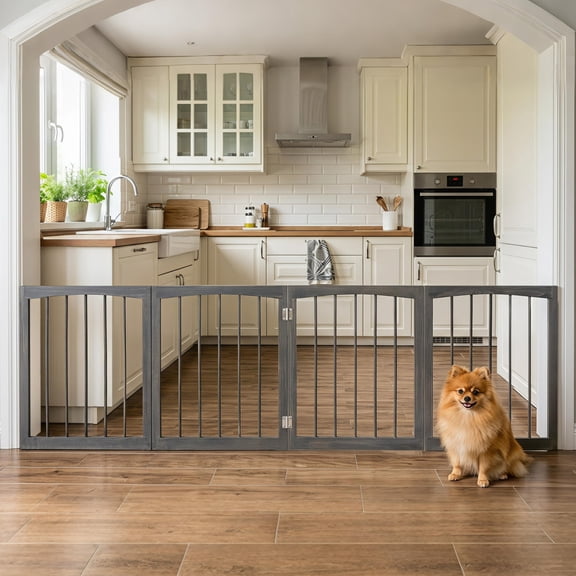 83 Inch Foldable Wooden Dog Gate 4 Panel Freestanding Pet Fence Barrier Gray