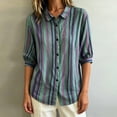 thumbnail image 2 of Morttic Women's Striped Lapel Collar Button Down Shirt – Collared Puff 3/4 Sleeve Blouse, Casual Loose Summer Top Green，XL, 2 of 6