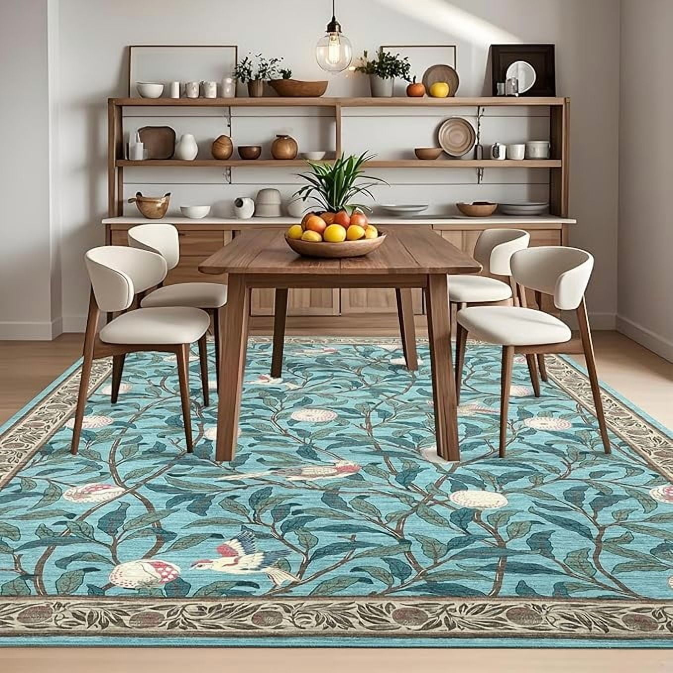 9x12 Botanical Print Washable Rugs Ultra Thin Non Slip Large Area Rug for Bedroom Living Room Ultra Thin Lightweight Cute Throw Carpet for Dining Room Table Classroom Playroom, Light blue