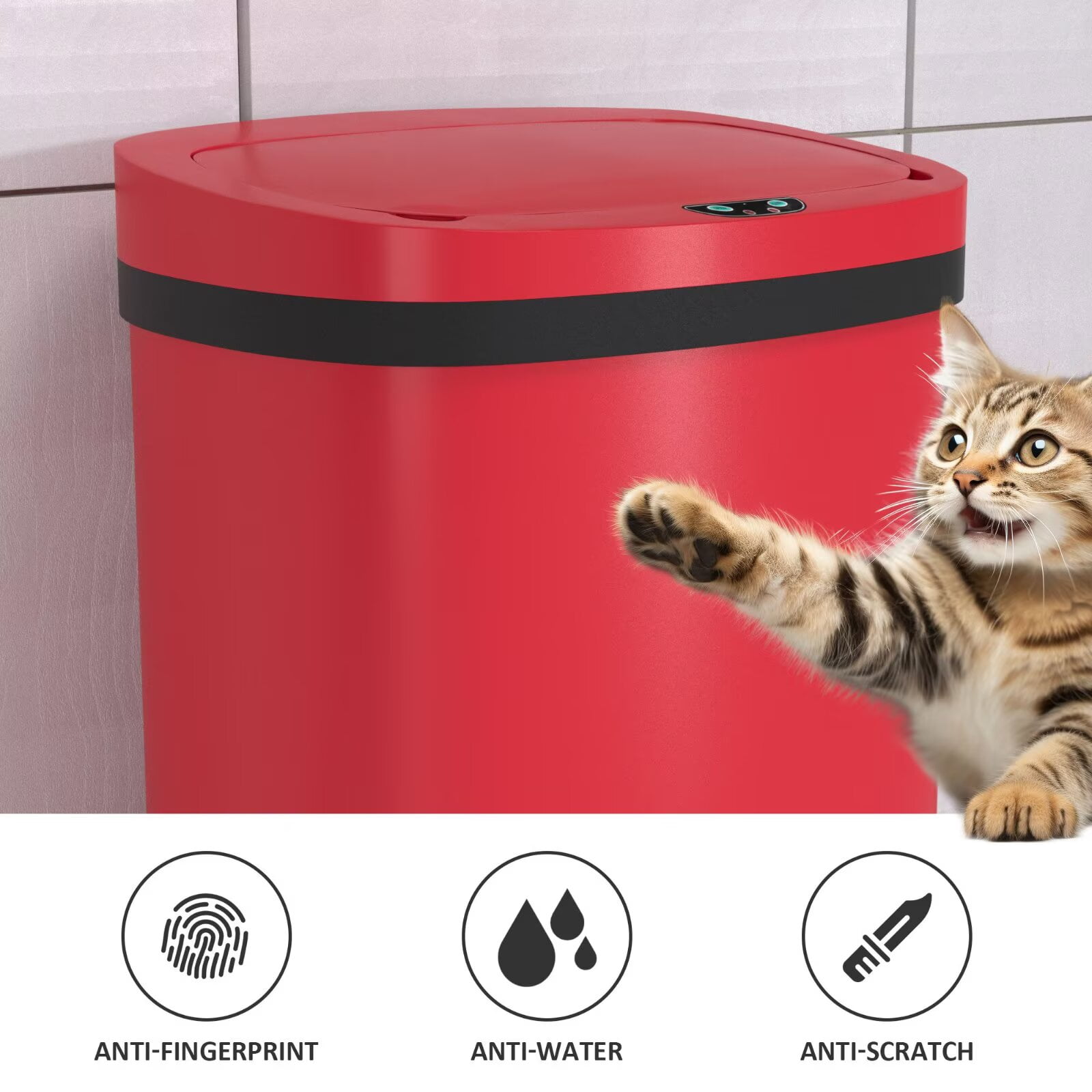 YRLLENSDAN 13 Gallon Touchless Stainless Steel Trash Can, Automatic Garbage Cans with Lid, Motion Sensor Wateproof Trash Bin for Kitchen Bedroom Bathroom Office, Red